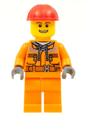 LEGO Construction Worker - Male, Orange Safety Jacket, Reflective Stripe, Sand Blue Hoodie, Orange Legs, Red Construction Helmet, Thin Grin with Teeth minifigure