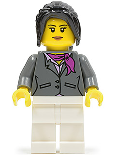 LEGO Dark Bluish Gray Jacket with Magenta Scarf, White Legs, Black Hair Ponytail Long with Side Bangs (City Square Car Saleswoman) minifigure