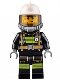 LEGO Fire - Reflective Stripes with Utility Belt, White Fire Helmet, Breathing Neck Gear with Air Tanks, Trans Black Visor, Beard Stubble minifigure