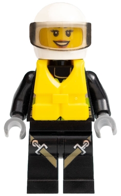 LEGO Fire - Reflective Stripes with Utility Belt and Flashlight, Life Jacket Center Buckle, White Helmet, Trans-Black Visor, Peach Lips Open Mouth Smile minifigure