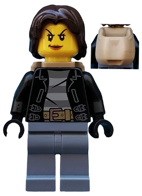 LEGO Police - City Bandit Crook Female, Sand Blue Legs, Dark Brown Mid-Length Tousled Hair, Backpack minifigure