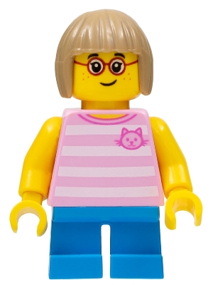 LEGO Girl, Bright Pink Striped Top with Cat Head, Dark Azure Short Legs minifigure