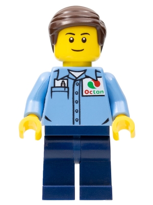 LEGO Medium Blue Uniform Shirt with Pocket and Octan Logo, Dark Blue Legs, Dark Brown Smooth Hair minifigure