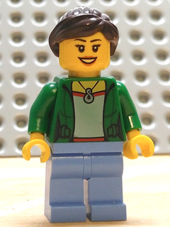 LEGO Customer - Green Female Jacket Open with Necklace, Medium Blue Legs, Dark Brown Ponytail and Swept Sideways Fringe minifigure