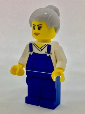 LEGO Farm Hand, Female, Overalls Blue over V-Neck Shirt, Light Bluish Gray Hair with Top Knot Bun minifigure