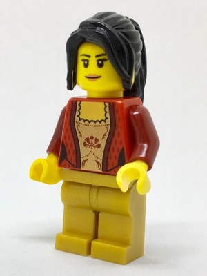 LEGO Female Corset with Gold Panel Front and Lace Up Back Pattern, Pearl Gold Legs, Black Hair Ponytail Long with Side Bangs minifigure