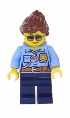 LEGO Police - City Officer Female, Bright Light Blue Shirt with Badge and Radio, Dark Blue Legs, Reddish Brown Ponytail and Swept Sideways Fringe minifigure