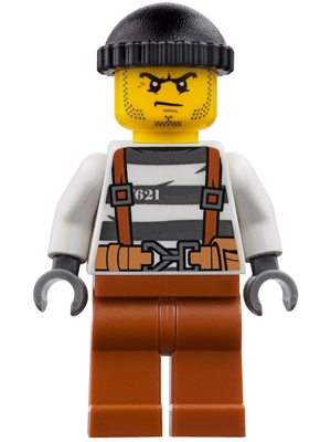LEGO Police - City Bandit Crook Overalls 621 Prison Stripes, Dark Orange Legs, Black Knit Cap, Beard Stubble and Scowl minifigure