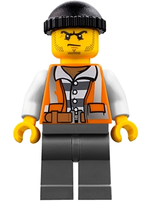 LEGO Police - City Bandit Crook Orange Vest, Dark Bluish Gray Legs, Black Knit Cap, Beard Stubble and Scowl minifigure