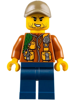 LEGO City Jungle Explorer - Dark Orange Jacket with Pouches, Dark Blue Legs, Dark Tan Cap with Hole, Stubble minifigure