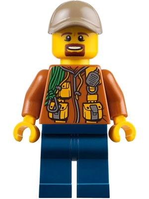 LEGO City Jungle Explorer - Dark Orange Jacket with Pouches, Dark Blue Legs, Dark Tan Cap with Hole, Brown Moustache and Goatee minifigure