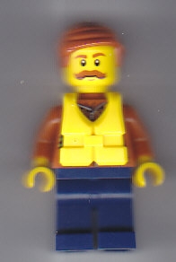 LEGO City Jungle Explorer - Dark Orange Jacket with Pouches, Dark Blue Legs, Dark Orange Smooth Hair, Life Jacket Center Buckle, Moustache minifigure