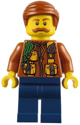 LEGO City Jungle Explorer - Dark Orange Jacket with Pouches, Dark Blue Legs, Dark Orange Smooth Hair, Moustache minifigure