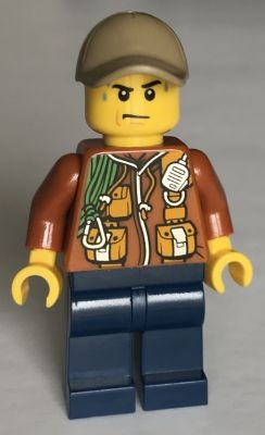 LEGO City Jungle Explorer - Dark Orange Jacket with Pouches, Dark Blue Legs, Dark Tan Cap with Hole, Sweat Drops minifigure