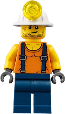 LEGO Miner - Shirt with Straps, Dark Blue Legs, Mining Helmet, Stubble and Scar minifigure