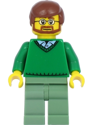 LEGO Green V-Neck Sweater over Button Down Shirt Collar with 1 Button, Sand Green Legs, Reddish Brown Hair, Beard minifigure