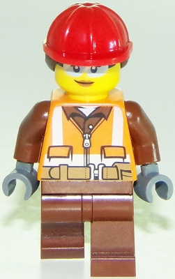 LEGO Construction Worker - Female, Orange Safety Vest, Reflective Stripes, Reddish Brown Shirt and Legs, Red Construction Helmet with Dark Brown Hair, Safety Glasses minifigure