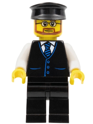 LEGO Bus Driver - Male, Black Vest with Blue Striped Tie, Black Legs, Black Hat, Glasses and Beard minifigure