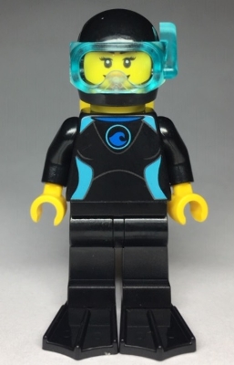 LEGO Diver, Female, Black Flippers and Wetsuit with Blue Logo, Yellow Scuba Tank minifigure
