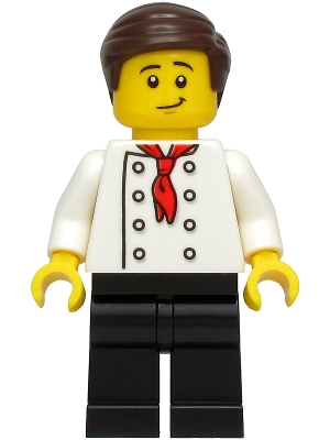 LEGO Burger Chef - White Torso with 8 Buttons, No Wrinkles Front or Back, Black Legs, Dark Brown Hair minifigure