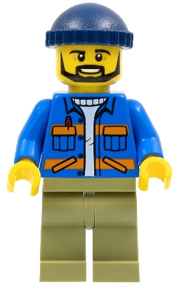 LEGO Dock Worker, Male, Blue Jacket with Diagonal Lower Pockets and Orange Stripes, Olive Green Legs, Dark Blue Knit Cap minifigure