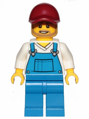 LEGO Overalls Blue over V-Neck Shirt, Blue Legs, Dark Red Cap, Dark Tan Angular Beard minifigure