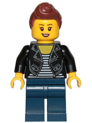 LEGO Teenage Girl, Black Jacket and White Shirt with Black Stripes, Dark Blue Legs, Reddish Brown Hair Female Ponytail and Fringe minifigure