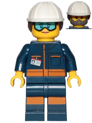 LEGO Rocket Engineer - Female, Dark Blue Jumpsuit, White  Construction Helmet with Dark Brown Ponytail Hair, Light Blue Goggles and Face Covered with Dirt minifigure