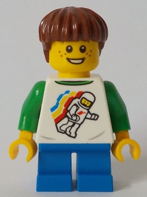 LEGO Boy, Classic Space Shirt with Minifigure Floating and Back Print, Blue Short Legs, Reddish Brown Hair minifigure