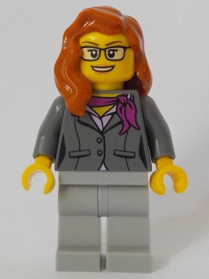 LEGO Scientist - Female, Dark Bluish Gray Jacket with Magenta Scarf, Dark Orange Female Hair over Shoulder, Glasses minifigure