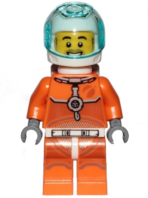 LEGO Astronaut - Male, Orange Spacesuit with Dark Bluish Gray Lines, Trans Light Blue Large Visor, Stubble minifigure