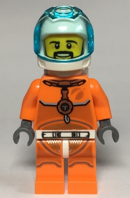 LEGO Astronaut - Male, Orange Spacesuit with Dark Bluish Gray Lines, Trans Light Blue Large Visor, Black Angular Beard minifigure