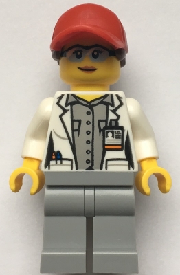 LEGO Scientist - Female, Red Cap with Ponytail Hair, Blue Goggles and Light Bluish Gray Legs minifigure