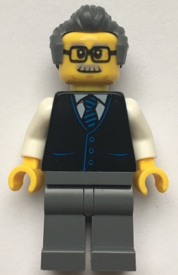 LEGO Launch Director - Male, Black Vest with Blue Striped Tie, Dark Bluish Gray Legs, Dark Bluish Gray Hair, Glasses and Moustache minifigure