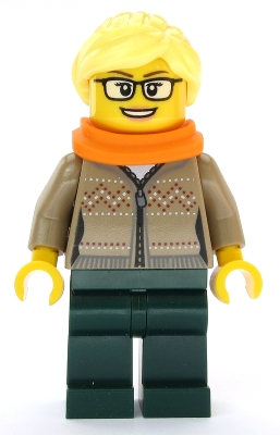 LEGO Hot Drinks Stand Clerk - Female, Dark Tan Sweater, Scarf, Ponytail minifigure