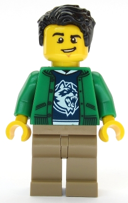 LEGO Ski Shop Clerk - Male, Green Jacket over Raccoon Shirt, Black Hair minifigure