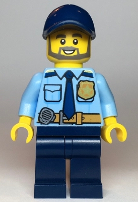 LEGO Police - City Officer Shirt with Dark Blue Tie and Gold Badge, Dark Tan Belt with Radio, Dark Blue Legs, Dark Blue Cap, Full Beard minifigure