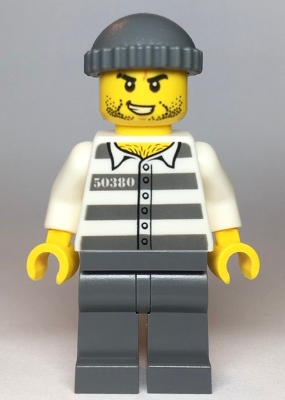 LEGO Police - Jail Prisoner 50380 Prison Stripes, Stubble, Dark Bluish Gray Knit Cap minifigure