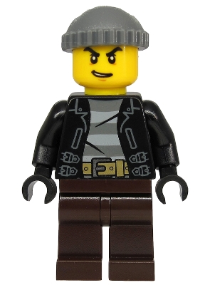 LEGO Police - City Bandit Crook, Black Leather Jacket, Dark Bluish Gray Knit Cap, Dark Brown Legs minifigure