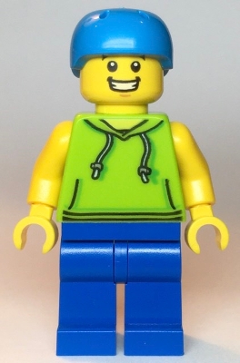 LEGO Skateboarder - Male, Lime Hoodie, Blue Legs, Dark Azure Helmet minifigure