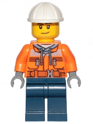 LEGO Construction Worker - Male, Orange Safety Jacket, Reflective Stripe, Sand Blue Hoodie, Dark Blue Legs, White Construction Helmet, Stubble minifigure