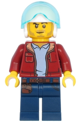 LEGO Man, Dark Red Jacket with Bright Light Blue Shirt, Dark Blue Legs with Belt, White Flight Helmet, Trans-Light Blue Flight Visor, Stubble (Helicopter Pilot) minifigure