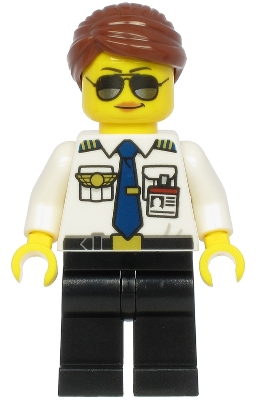LEGO Pilot - Female, Reddish Brown Hair, White Shirt with Dark Blue Tie, Black Legs minifigure