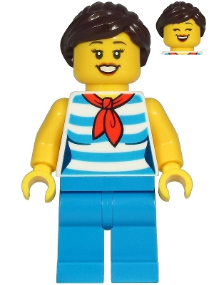 LEGO Diner Employee - Female, White and Dark Azure Striped Shirt, Dark Azure Legs, Dark Brown Hair minifigure