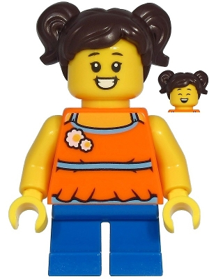 LEGO Girl - Orange Halter Top Dress, Blue Short Legs, Dark Brown Hair minifigure