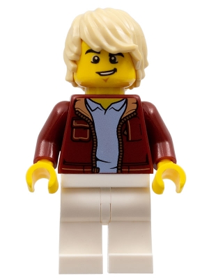 LEGO Man, Dark Red Jacket with Bright Light Blue Shirt, White Legs, Tan Tousled Hair, Lopsided Grin (Car Driver) minifigure