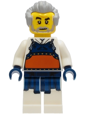 LEGO Kendo Instructor - White Robe with Dark Blue and Dark Orange Bogu Armor, Light Bluish Gray Hair minifigure