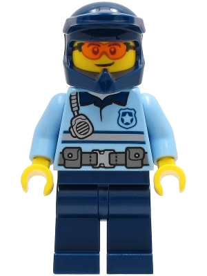 LEGO Police - City Officer Bright Light Blue Shirt with Silver Stripe, Badge and Radio, Dark Blue Legs, Dark Blue Dirt Bike Helmet, Orange Glasses minifigure