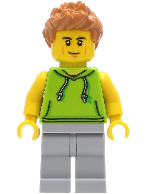 LEGO Car Driver - Male, Lime Hoodie, Light Bluish Gray Legs, Medium Nougat Hair minifigure