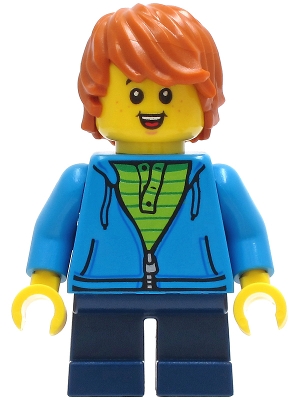 LEGO Boy - Dark Azure Hoodie with Green Striped Shirt, Dark Blue Short Legs, Dark Orange Hair, Freckles, Small Open Smile with Tongue minifigure